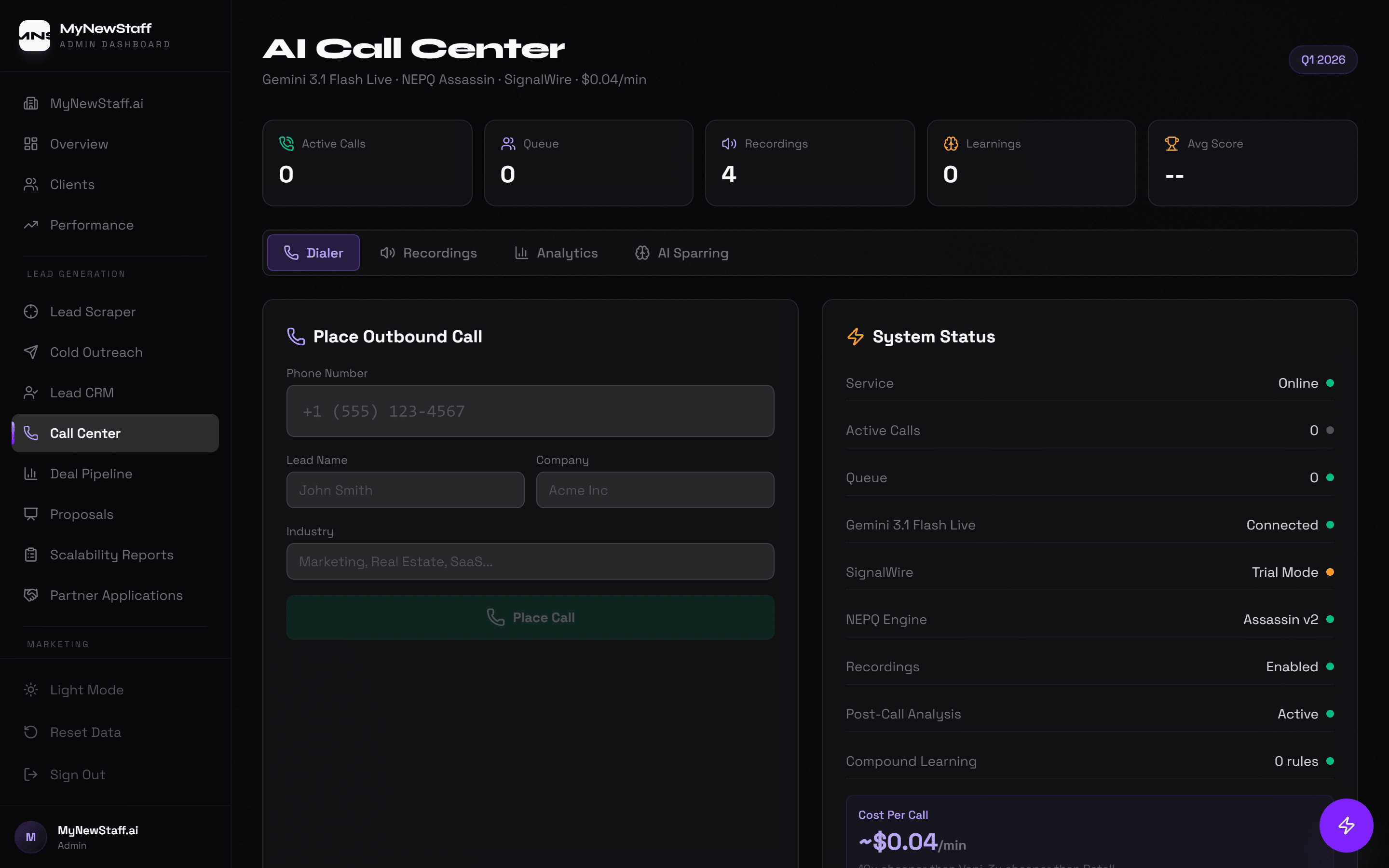 AI cold caller (Brooke) — Gemini 3.1 Flash Live, NEPQ methodology, $0.04/min, 99/100 performance score